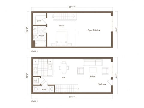 Floor plan for 1 bed, 1.5 baths, 781 sqft